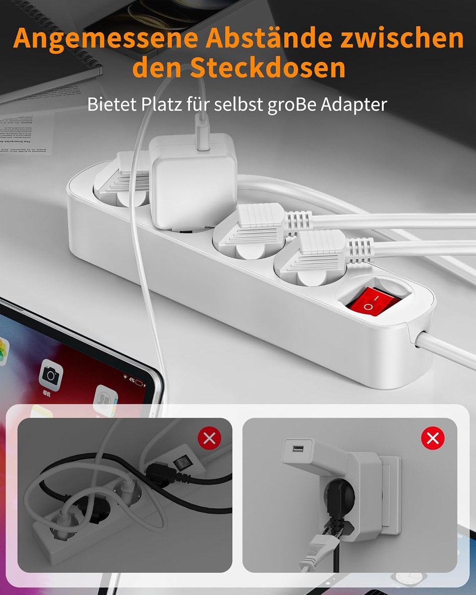 SnelShoppen - Power Strip voor Thuisgebruik, 4-Weg Stekkerdoos met Energiebesparende Schakelaar, 3m Kabel, Wit, Ideaal voor Keuken, Kantoor en Elektro