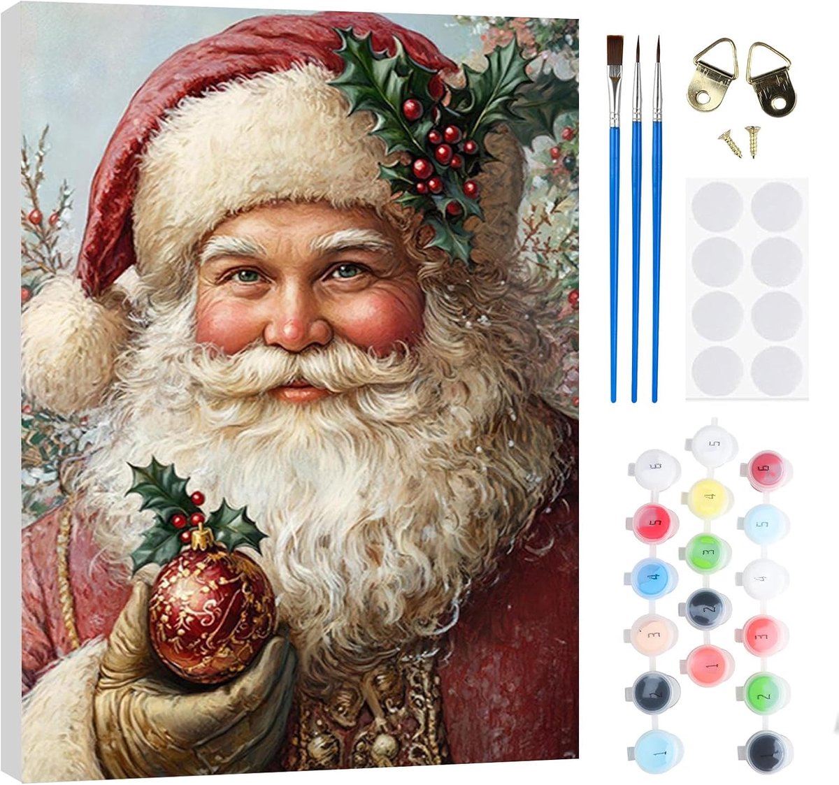 SnelShoppen - Schilderen op Nummeren Set Santa Claus 20x30 cm voor Volwassenen en Kinderen met Houten Lijst, Kwasten, Oliën en Magneten voor Decoratie