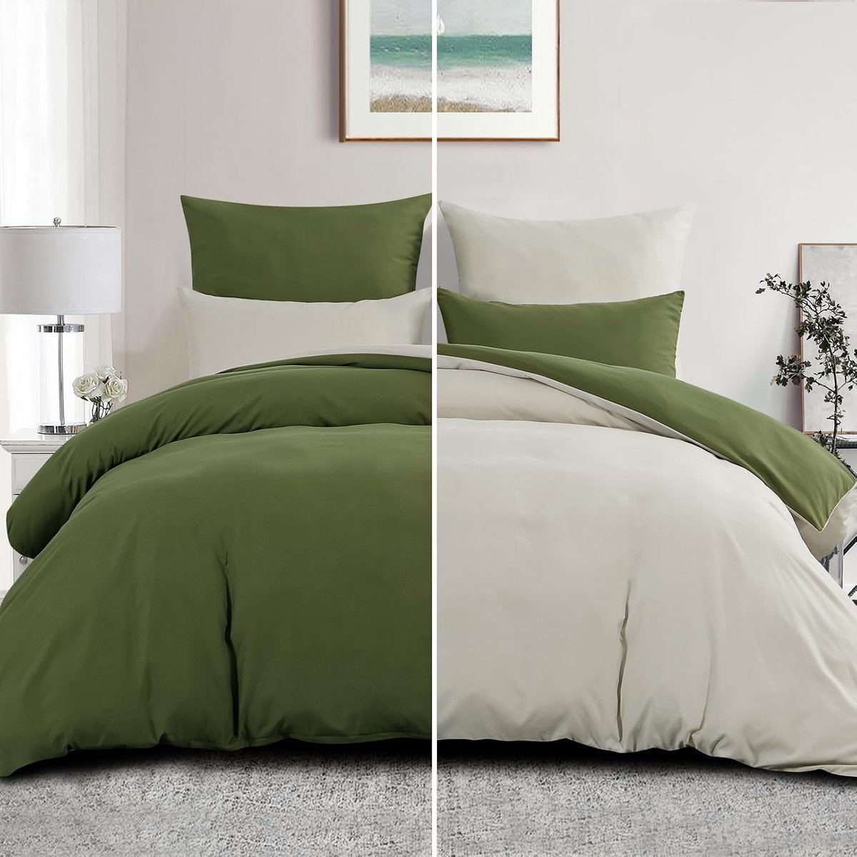 SnelShoppen - Duvet Cover 220 x 240 cm - Reversible - Olive Green/Beige - Zacht Microfiber - Inclusief 2 Kussenslopen - Perfect voor Jaar-Rond Gebruik