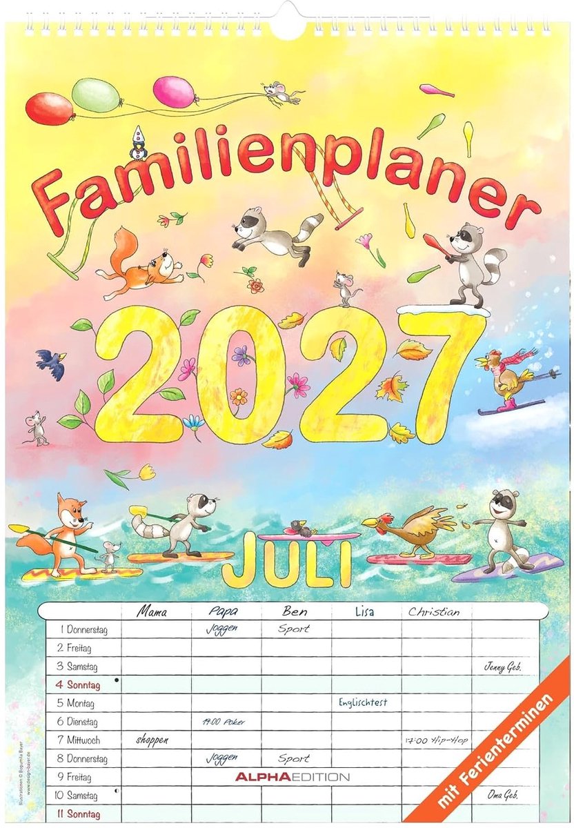 SnelShoppen - Familienplaner Cartoon 2027 - A3 Familienkalender met 6 Spalten, Ferienübersicht, Duits Kalendarium voor Kids en Gezinnen, Ideaal voor O