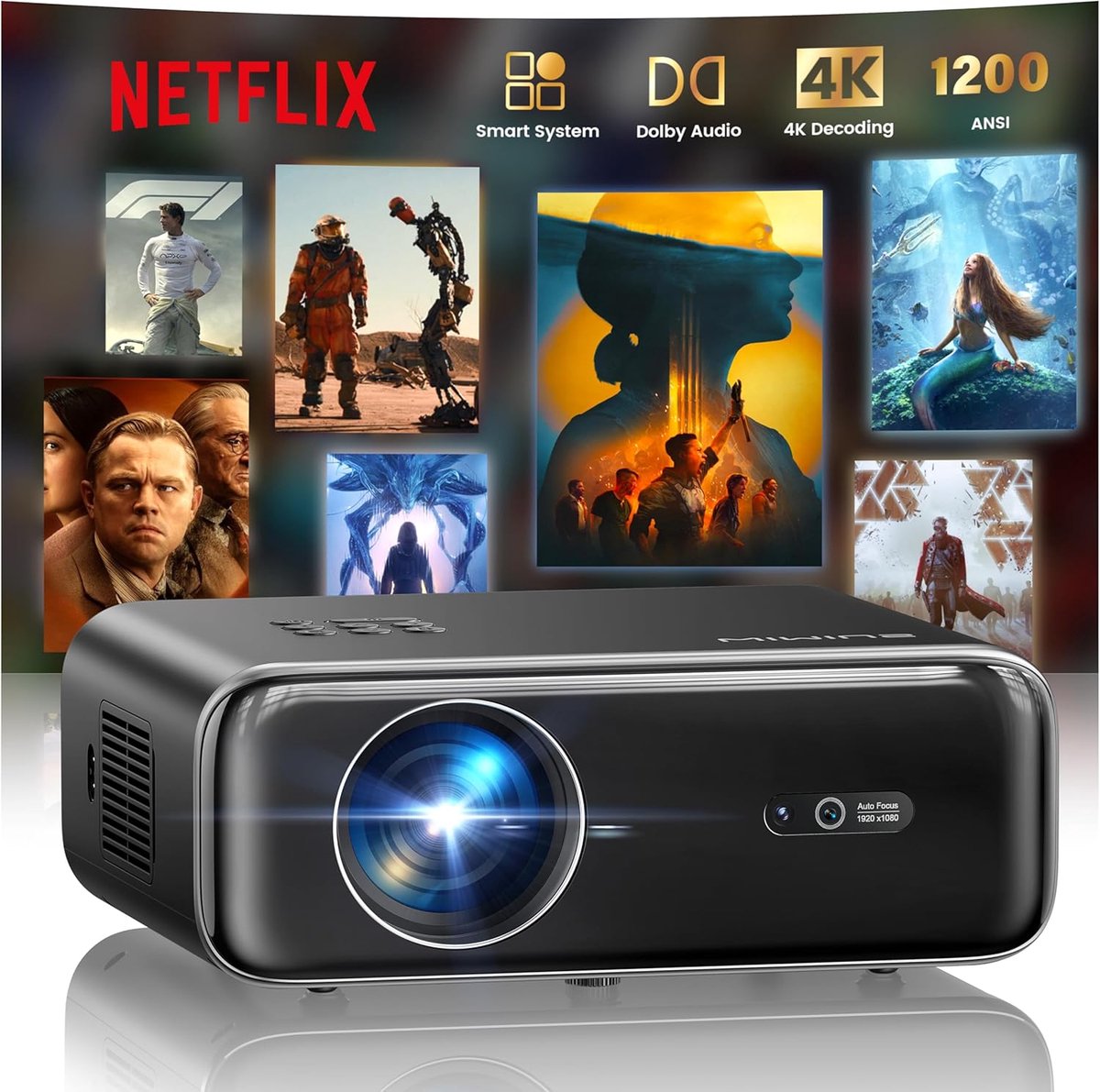 SnelShoppen - 4K-projector Draagbaar met 1200 ANSI, Netflix, Autofocus, Keystone, Wifi, Bluetooth, FHD 1080P, HDR10, WLAN voor Buiten, Zoom 50% - Thui
