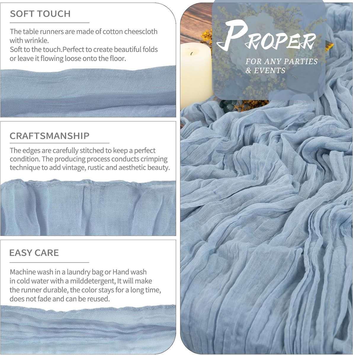 SnelShoppen - 12 stuks tafellopers blauw 55 x 300 cm, stoffig blauw gaasstof, boho-tafelloper, tafelkleed voor bruiloft, tafeldecoratie, rustiek, gesc