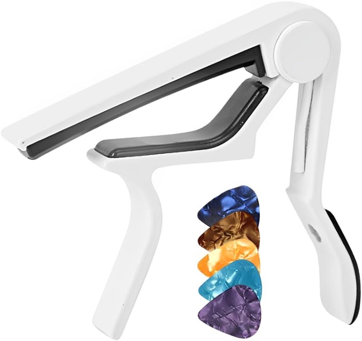 Thijox - Gitaar Capo met 5 Plectrums - Quick Release Capotasto Klem voor Klassieke Gitaar, Elektrische Gitaar, Ukelele, Bas - Wit - Lichtgewicht Alumi