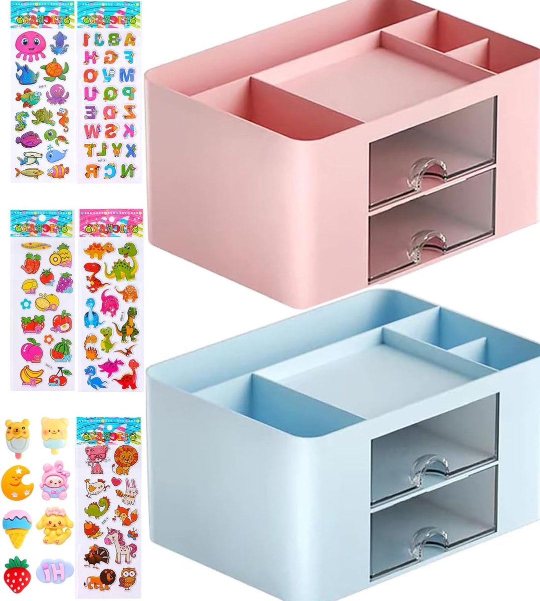 Multifunctionele Desk Organiser met Laden, Ruimtebesparende Pennenhouder en Tafelorganizer met 5 Compartimenten voor Kantoor, Thuis en School (Roze+Blauw)