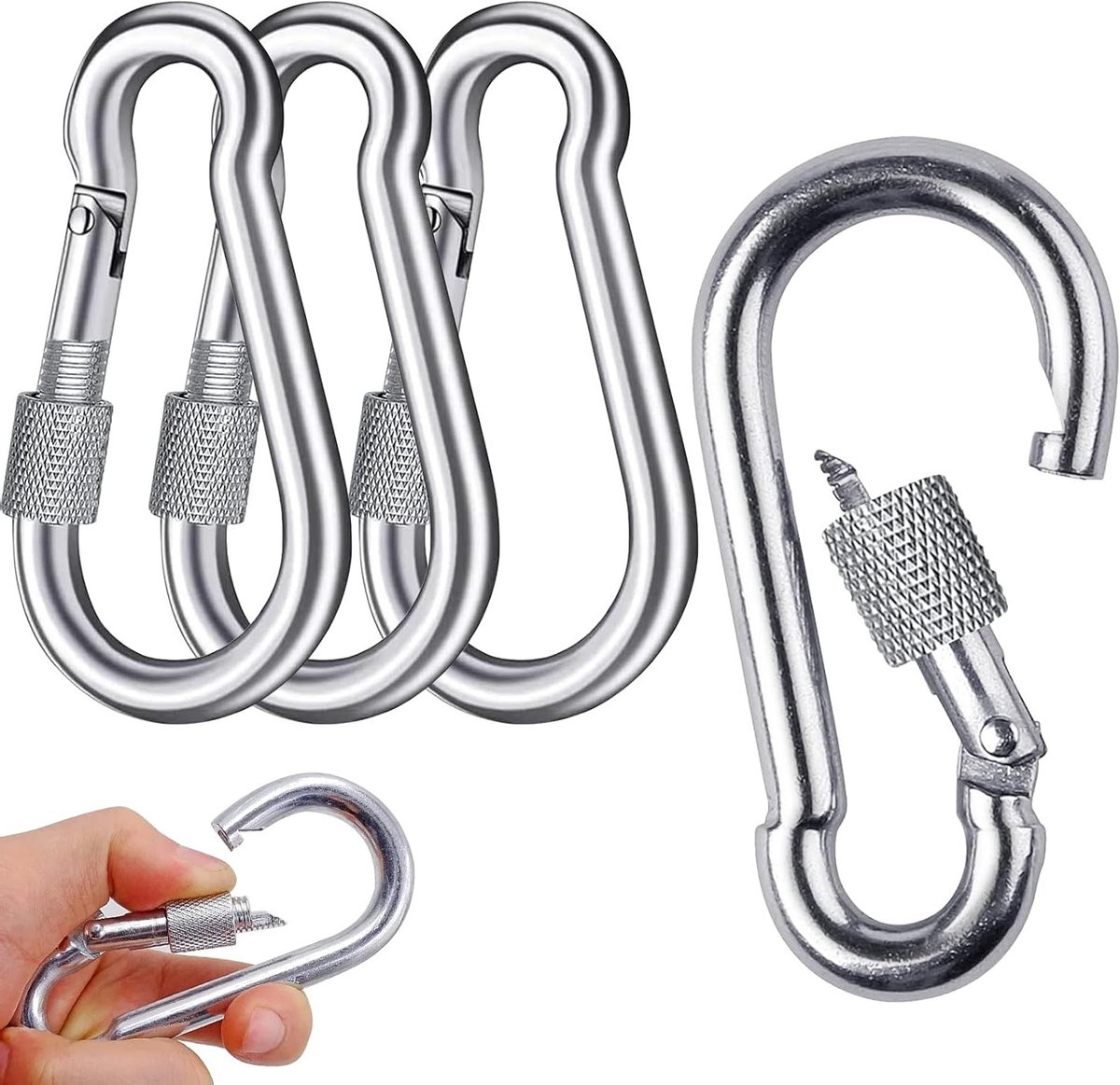 Set van 4 RVS Karabijnhaken met Schroef, Veiligheidskarabiners voor Buitenactiviteiten, Hiking en Reizen - Draagvermogen tot 200 kg (38 x 80 mm)