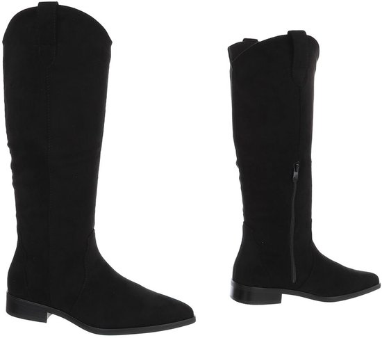 Bottes noires pour femme, paire, hauteur genou, talon bas, bout pointu, suédine.