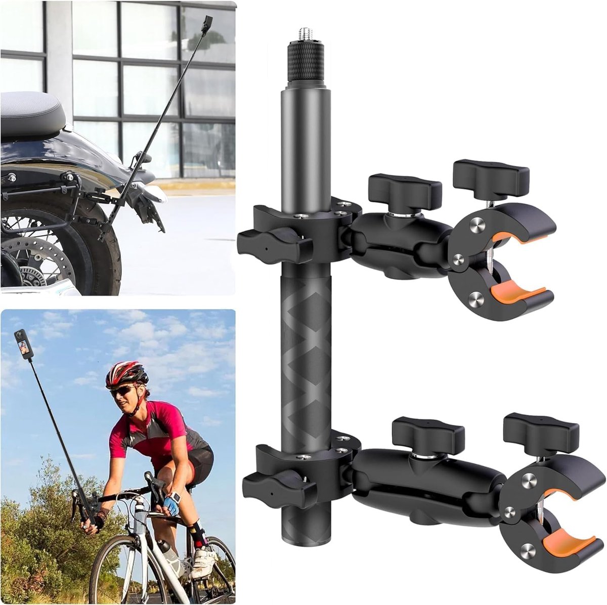 SnelShoppen - UNSTINCER Double Super Clamp met 118cm Selfie Stick voor Insta360 Camera | 360° Draaibare Clamp voor 15-44mm Buizen | Ideaal voor Fietse