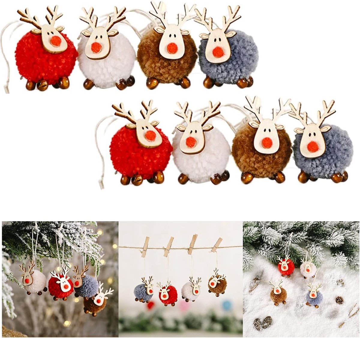 SnelShoppen - Kerstboom Hangers, 8 Stuks, Elk Versiering, Kerstboom Decoraties van Vilt en Hout, Feestelijke Decoratie voor Kerstboom, Vakantie en Fee