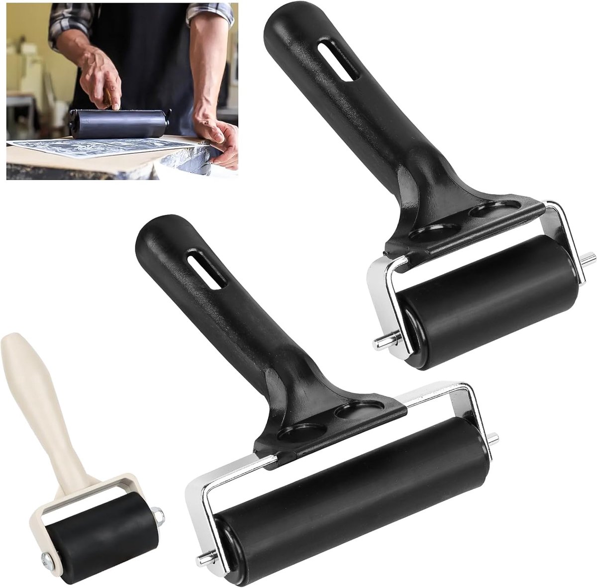 SnelShoppen - 3 Stuks Rubber Rollers Verfroller Linoleumbedrukking 3.5cm/6cm/10cm - Drukroller met Handvat voor Inkt Kleur Blokdrukken en Stempelen
