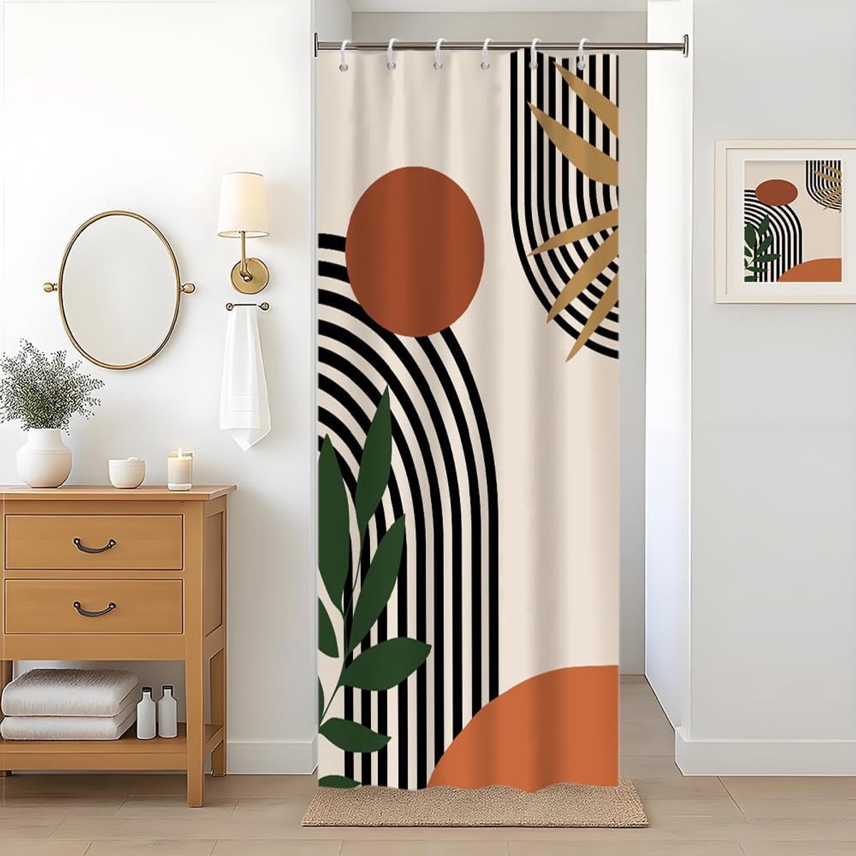 SnelShoppen - Abstract Boho Terracotta Douchegordijn 90 x 180 cm - Waterdicht, Anti-Milieu, Polyester, Wasbaar, Minimalistisch, Inclusief 6 Haakjes