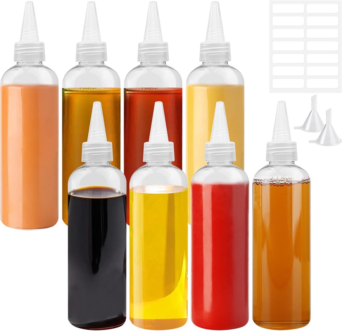SnelShoppen - 8 Pcs Squeeze Bottles Kit 200ml - Plastic Squeeze Flessen voor Sauzen, Pigmenten, Levensmiddelen - Lekvrije Flessen met Funnel en Labels