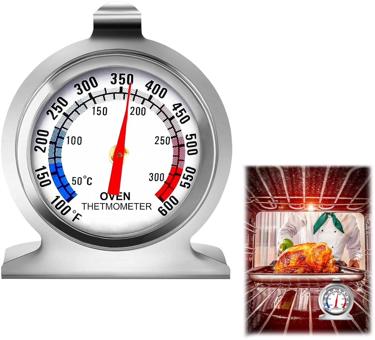 SnelShoppen - Oventhermometer 50-300°C/100-600°F Analoge Thermometer RVS - Direct Aflezen voor Grill Frituur Rookhuis Bakken Koken