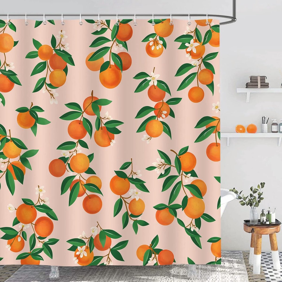 SnelShoppen - Douchegordijn 180x200cm Waterdicht Polyester met Citrus Oranje en Groene Bladeren - Schimmel- en Vochtbestendig, Inclusief 12 Haakjes vo