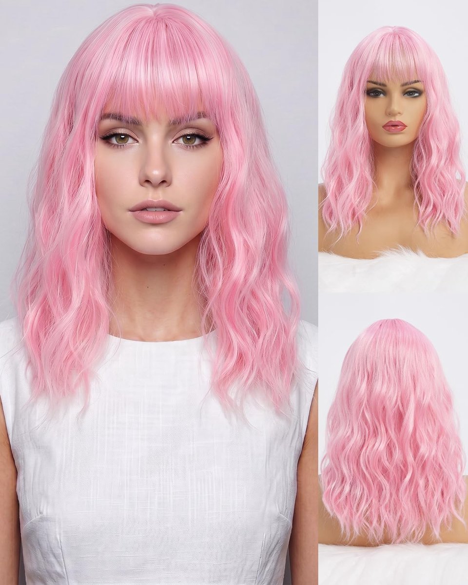 SnelShoppen - Synthetic Medium Length Wig 40 cm Roze Golvend Haar met Pony, Hittebestendig, Verstelbare Cap met Elastische Band voor Dagelijks Gebruik