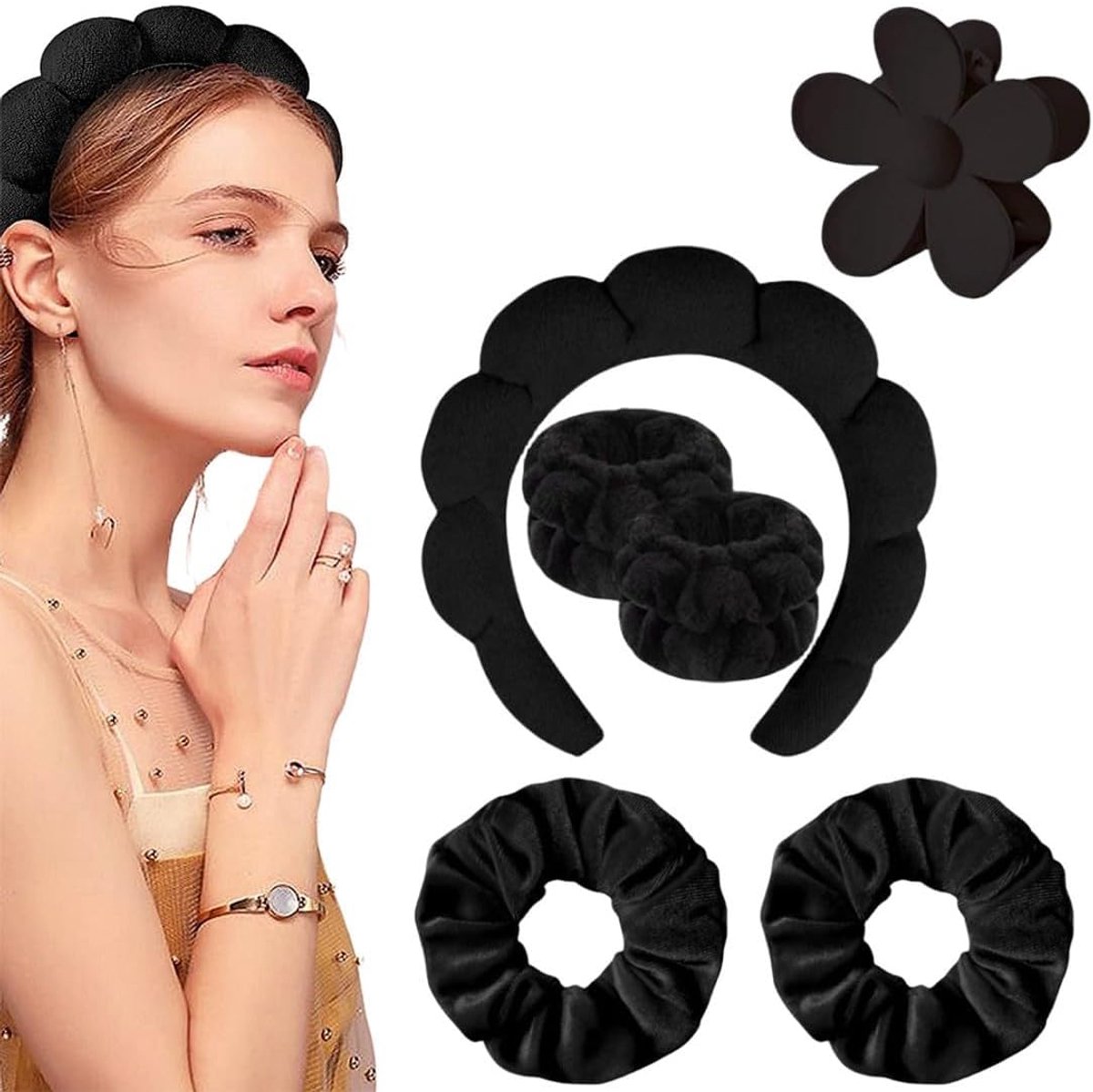 Thijox - 6 Stuks Huidverzorging Manchetten en Hoofdband Set - Zachte Badstof Doek, Anti-Slip Band voor Make-up en Thermische Gezichtsreiniging - Ideaa