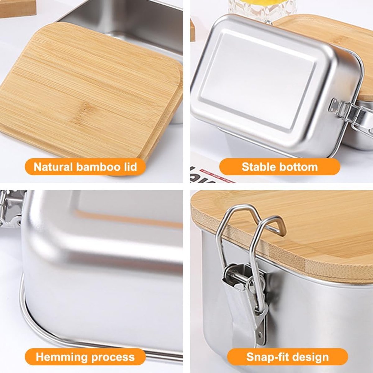 Thijox - Bento Box Roestvrijstalen Broodtrommel 1400 ml, Lekvrij, Metalen Lunchbox met Houten Deksel voor Volwassenen en Kinderen, Ideaal voor School,