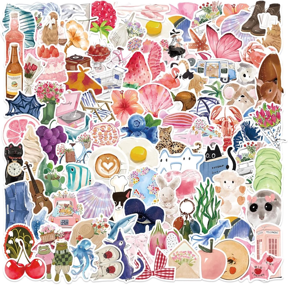Thijox - Esthetische Waterverf Stickerset 100 Stuks, Waterdicht Vinyl, Kreukvrij, Zomer Motieven voor Laptop, Waterfles, Dagboek, Zonbestendig, Perfec