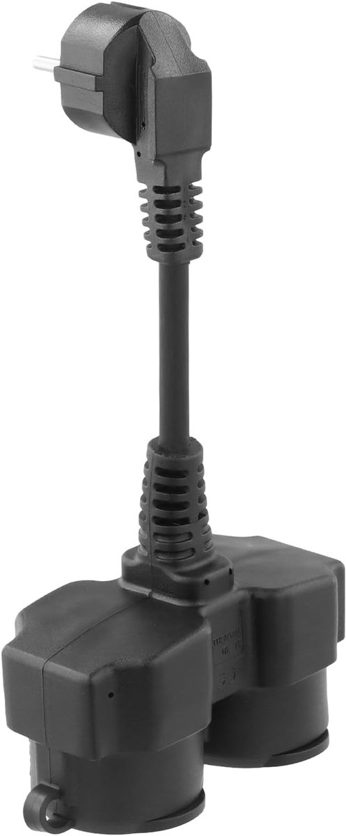 SnelShoppen - Korte Verlengsnoer 22 cm, Dubbele Stekker met 2 Stopcontacten voor Binnen en Buiten Gebruik, Zwart, Compact en Handig voor Thuis, Tuin,