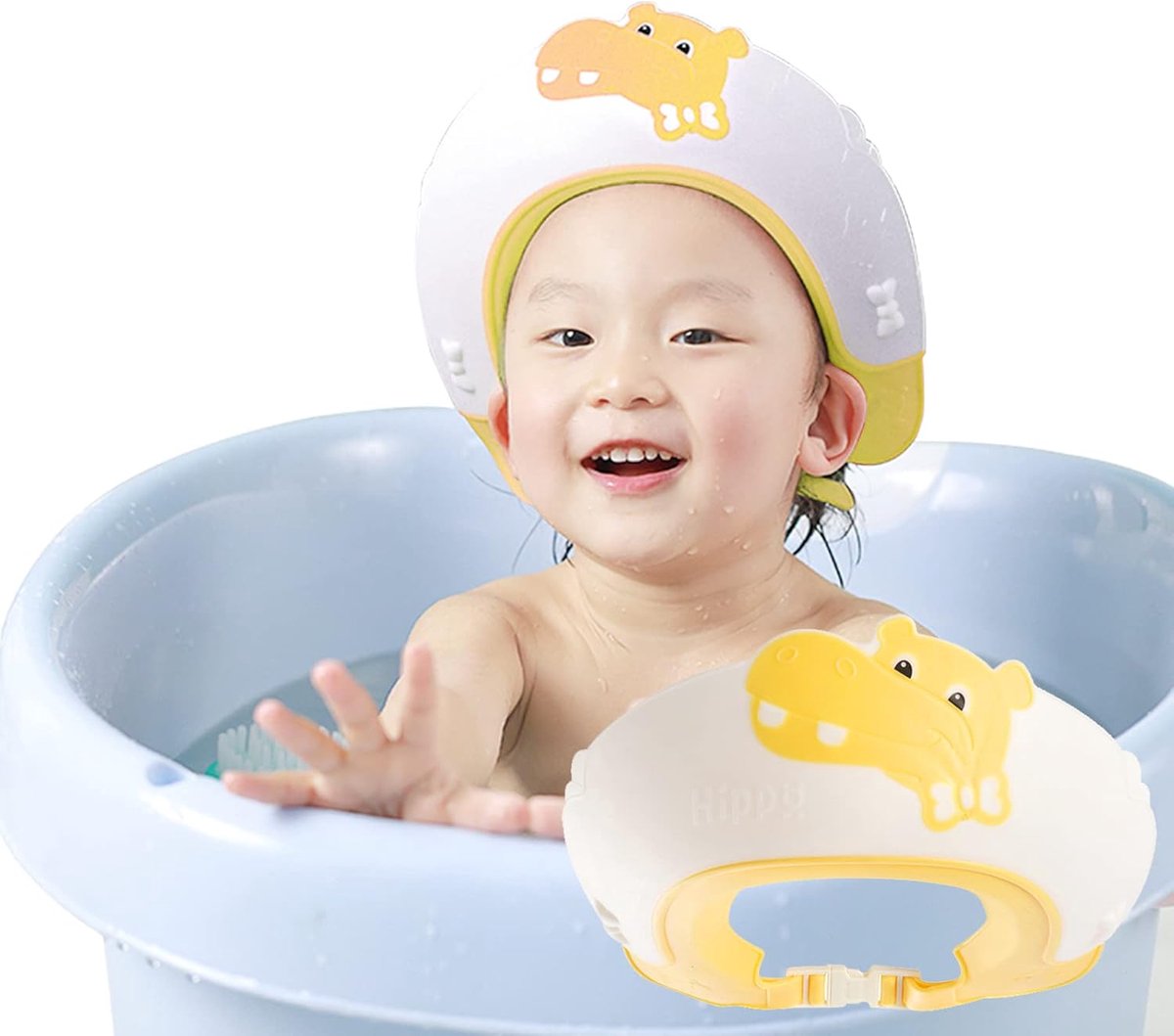 SnelShoppen - Kids Shower Cap - Verstelbare Shampoo Bescherming Hoofdband voor Kinderen 0-9 jaar - Waterdichte Badkap in Hippo Geel - Zacht en Veilig