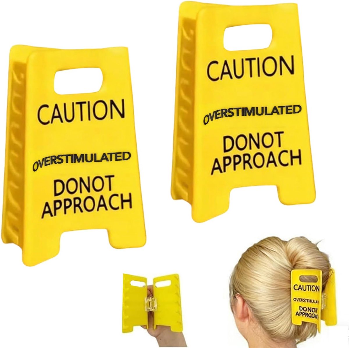 SnelShoppen - 2x Grote Haarclips, Gele Waarschuwings Haarspelden voor Dikke Haar, Grappige Overstimulated Caution Sign Haaraccessoires voor Vrouwen, C