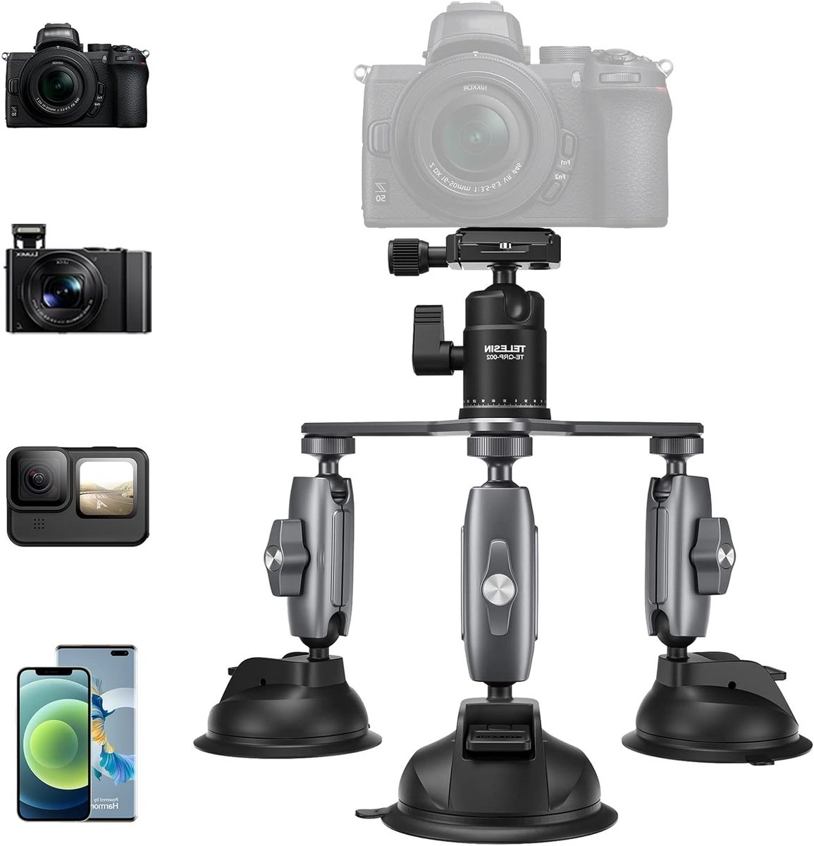Camera Suction Cup Houder met 360 Graden Rotatie voor Actiecamera's, Sterke Zuignap Tripod voor Stabiliteit en Flexibiliteit