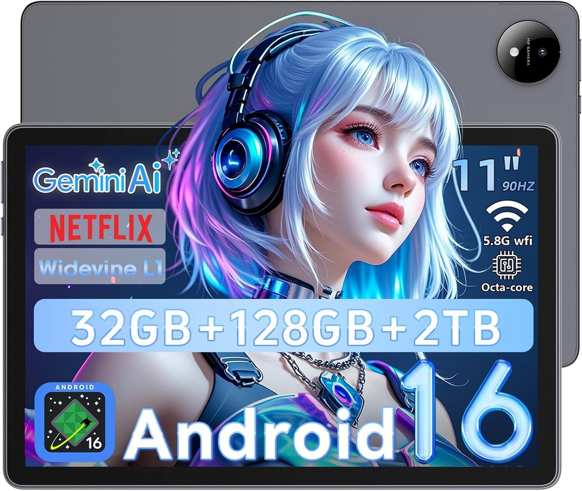 SnelShoppen - 11 Inch Tablet Android 16 met Gemini AI, T7250 Octa-Core, 32GB RAM, 128GB ROM, 16MP + 8MP Camera, 8000mAh, 1920x1200 IPS HD, Wi-Fi 5.8GH