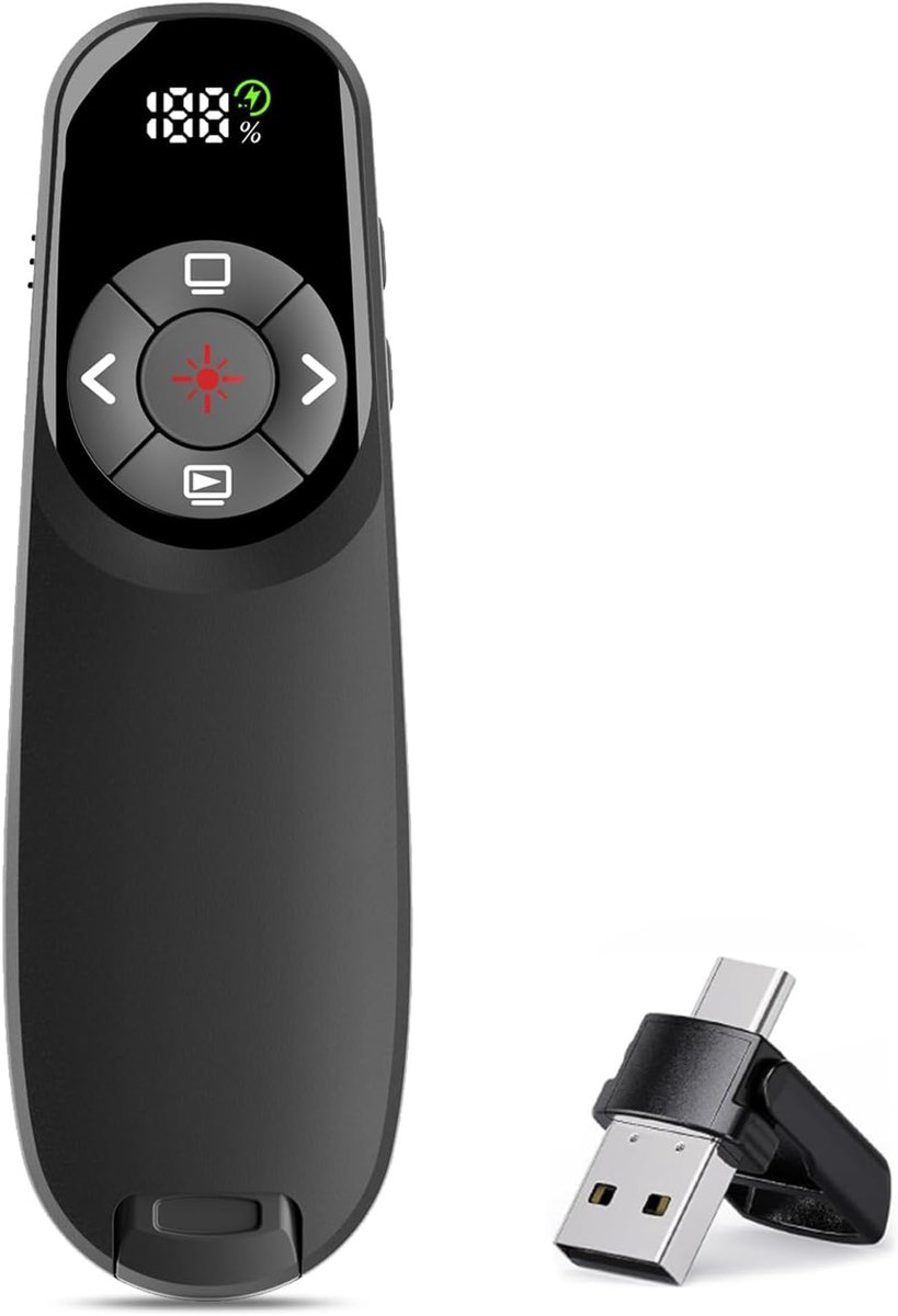 SnelShoppen - Draadloze Presenter Clicker met Timer Display, USB Type C Afstandsbediening voor PowerPoint, 2,4 GHz Presentatie Pointer voor Laptop, Co