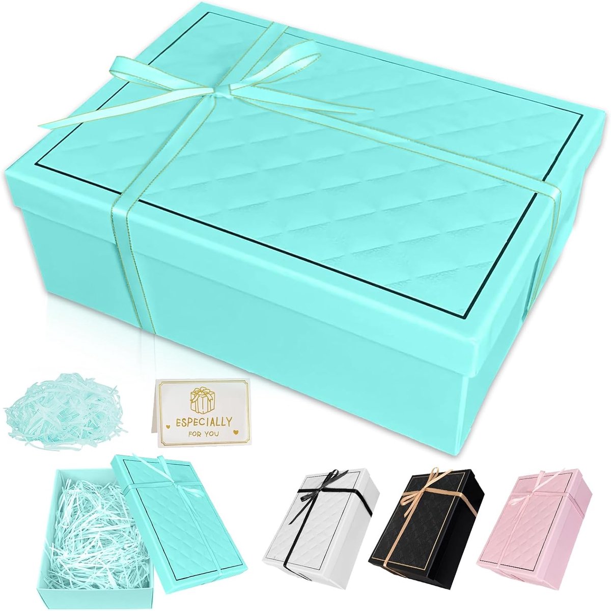 SnelShoppen - Gift Box met Deksel 25 x 18 x 8.5 cm - Vouwbare Cadeau Doos met Strikken, Raffia & Wenskaarten - Perfect voor Verjaardagen, Valentijnsda