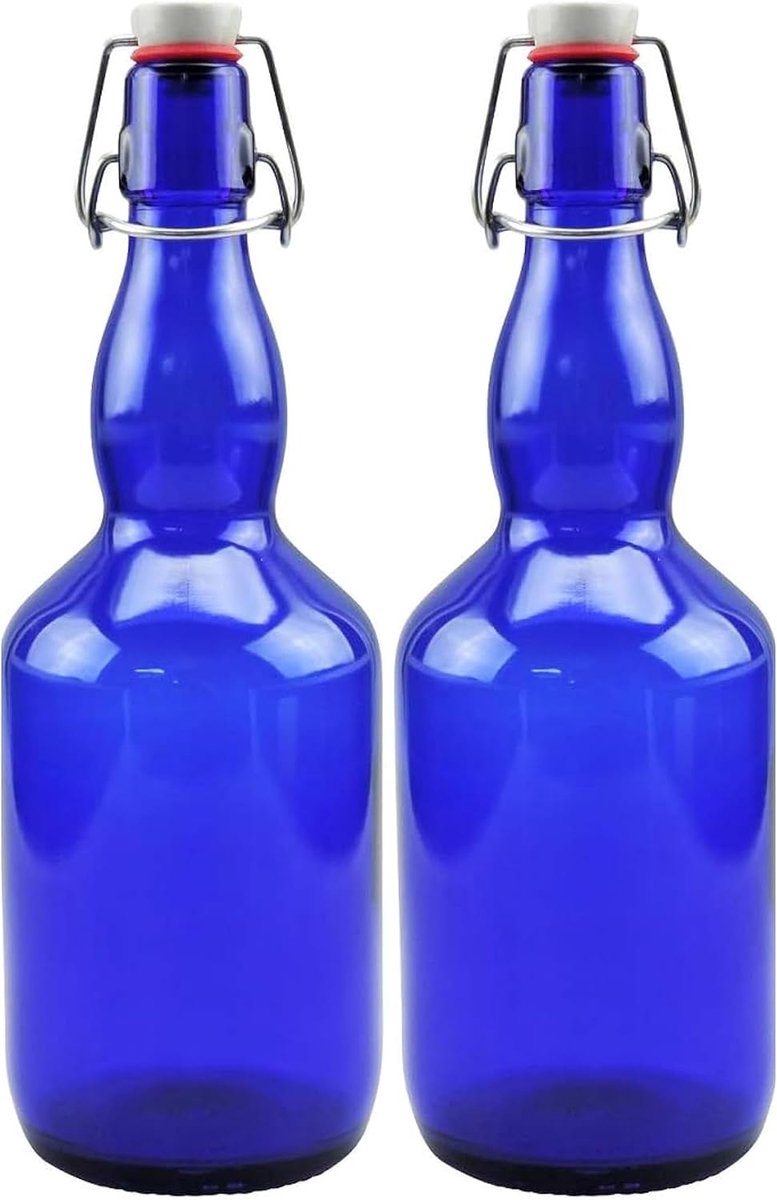 SnelShoppen - 2 x Blauwe Glazen Fles 0.75 L met Porseleinen Sluiting, Inclusief Labels - Ideaal voor Water, Jeneverbessen, Olie, Likeur - Robuuste Fle