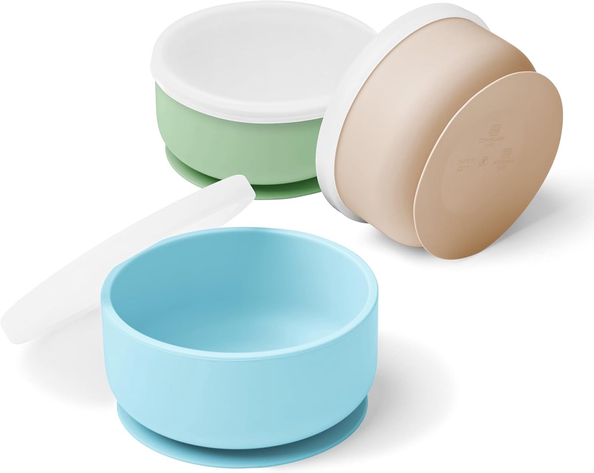 SnelShoppen - Baby tafelset - Siliconen babykommen met deksel - Kinderkommen met zuignap - Geschikt vanaf 6 maanden - Blauw, groen en beige - 6-delig