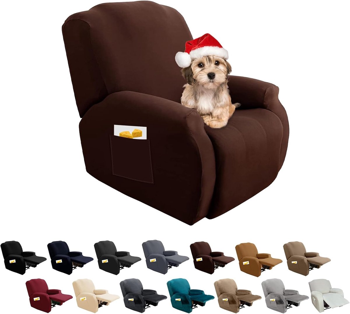 SnelShoppen - Stretch Recliner Stoelhoes 4-delige Set - Elastische Beschermhoes voor Relaxfauteuil - Wasbare Hoes met Zijvak - Donkerbruin - Voor Stan