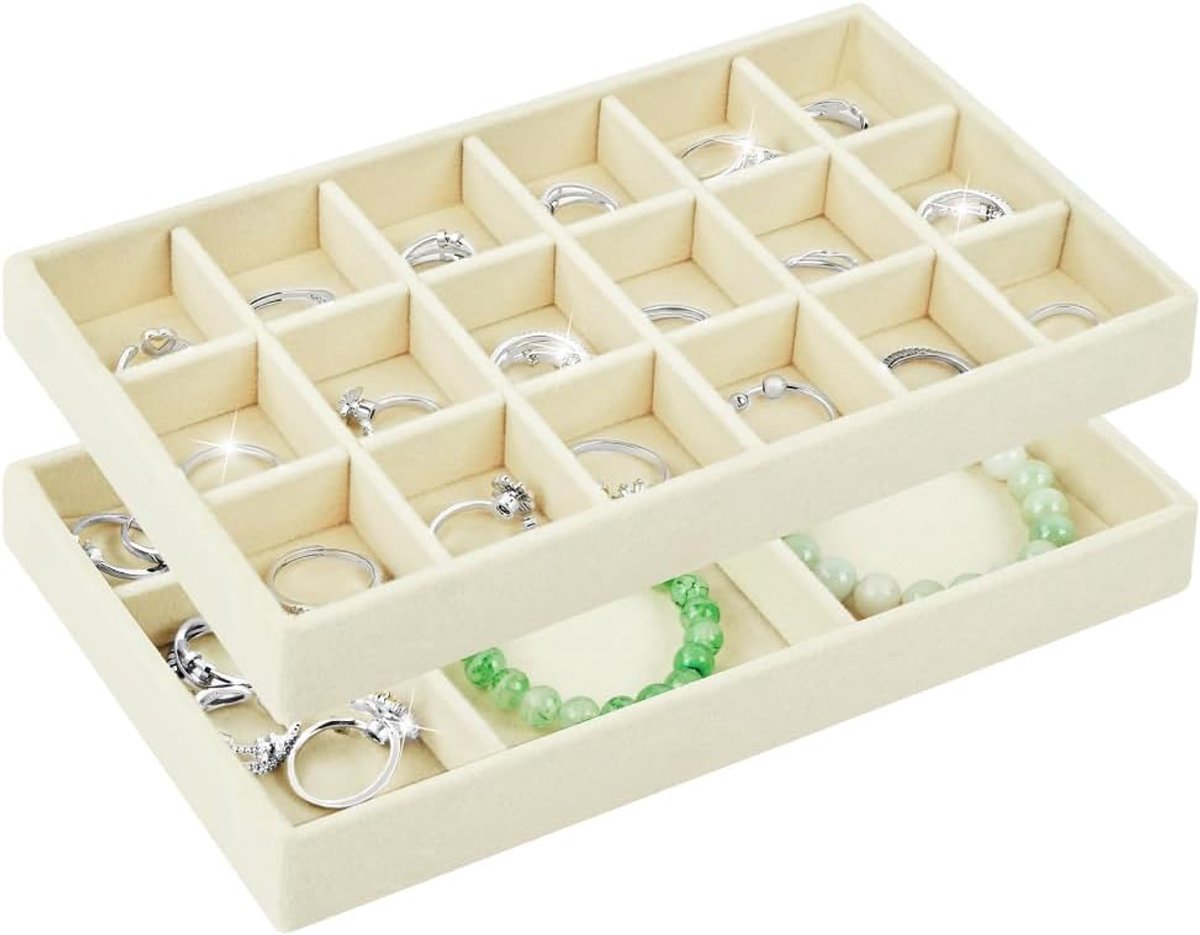 SnelShoppen - Luxe Sieraden Organizer, Stapelbare Sieradenbox met 6 en 18 Vakken voor Oorbellen, Kettingen en Ringen, Beige Velvet, Ideaal voor Thuis
