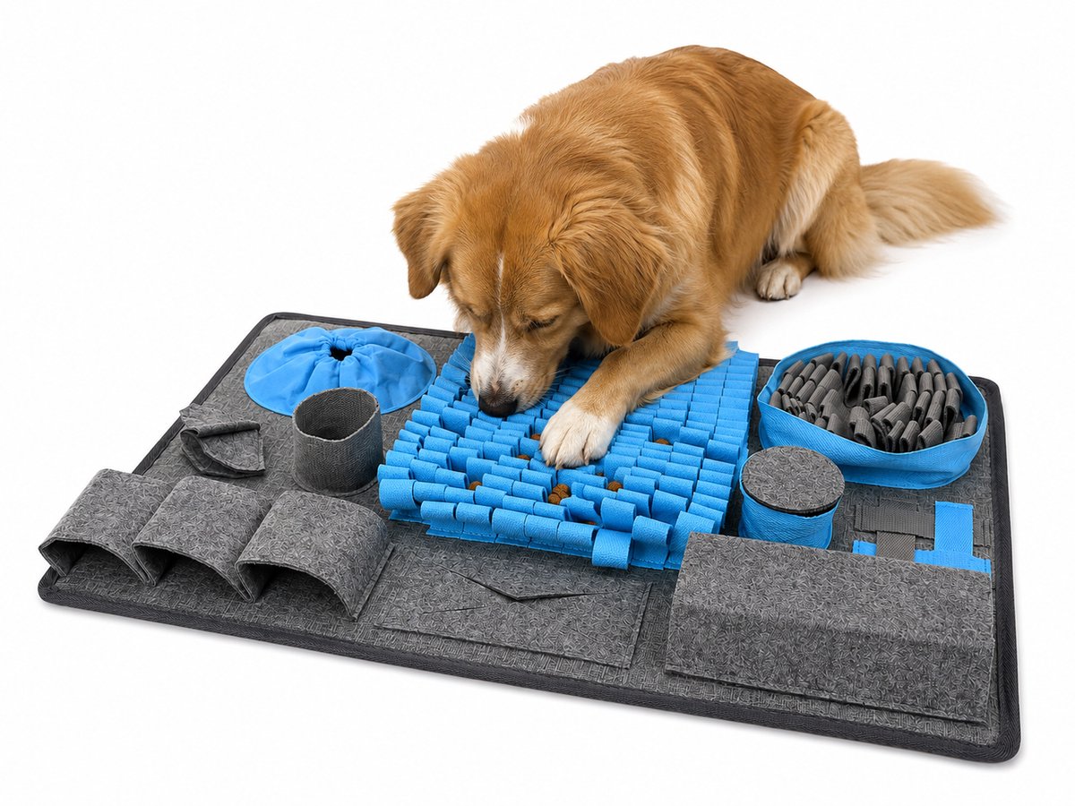 ZoeZo Snuffelmat Hond 65 x 45 cm - Anti-Schrok Voermat - Slowfeeder - Denkspel met 10 Zoekzones en Moeilijkheidsniveaus - Opvouwbaar - Grijs/Blauw thumbnail 4