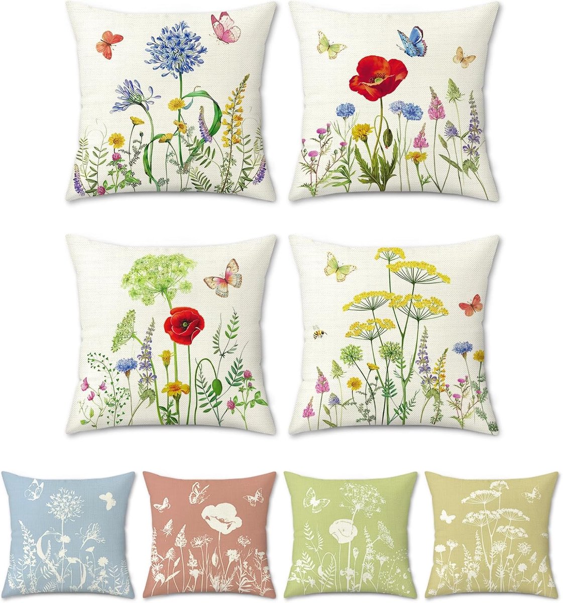 SnelShoppen - Set van 4 Bloem Kussenhoezen 45x45 cm, Decoratieve Kussen Covers voor Bank, Bed, Tuin en Buiten, Polyester Linnen, Handgemaakt, Flower B