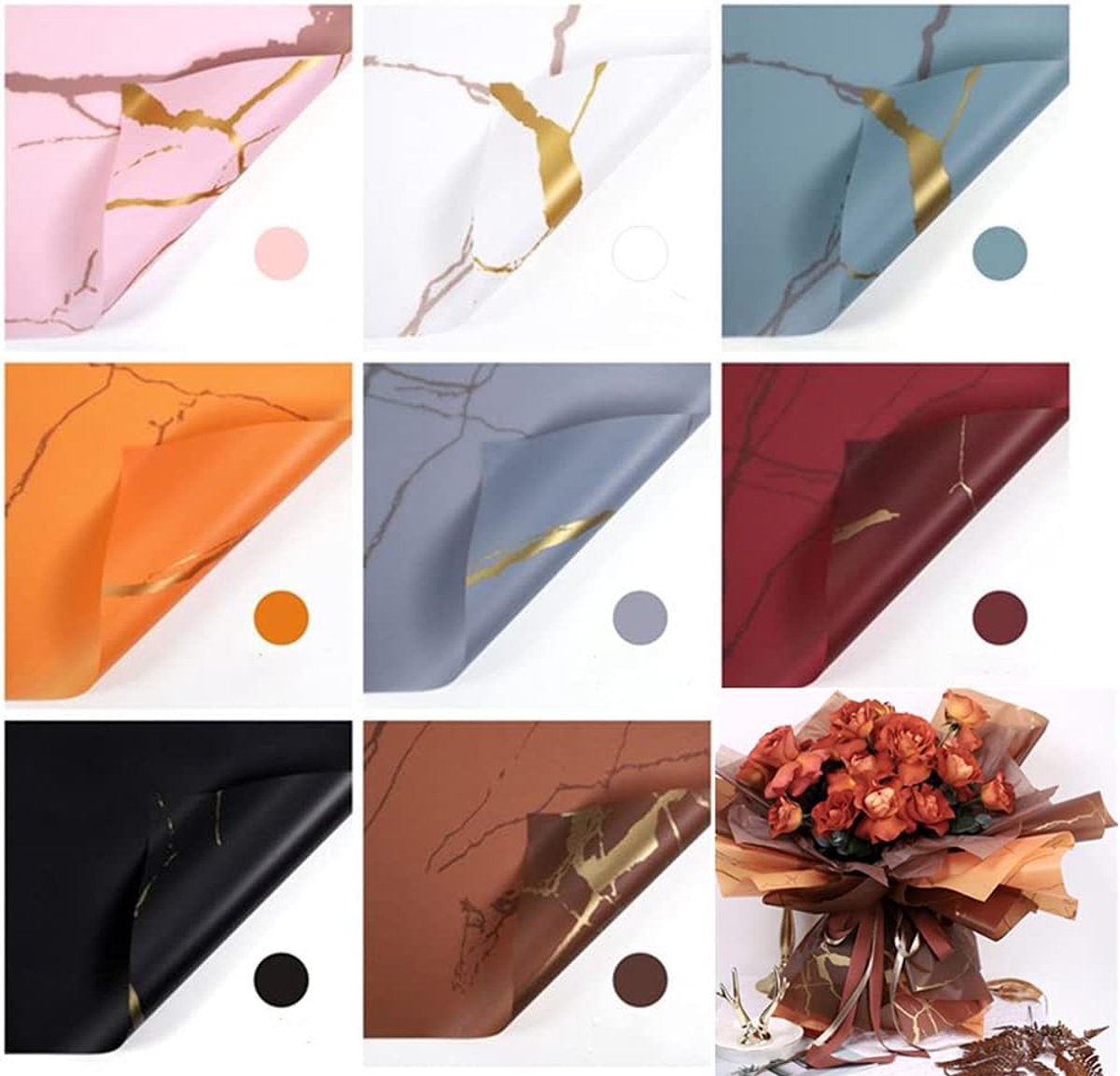 SnelShoppen - Marmer Effect Bloemen Inpakpapier 24 Vel 8 Kleuren Waterdicht voor Geschenkverpakking, DIY Knutselen, Bloemenboeketten, 23X23 Inch