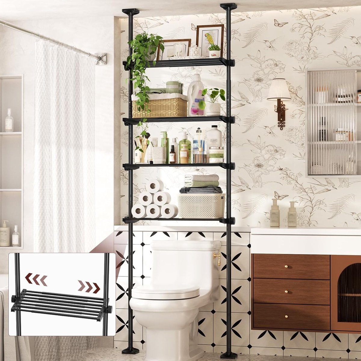 Toiletrek met 4 niveaus - Badkamer organizer - Ruimte besparen - In hoogte verstelbaar - 39-69 cm breed - Zwart