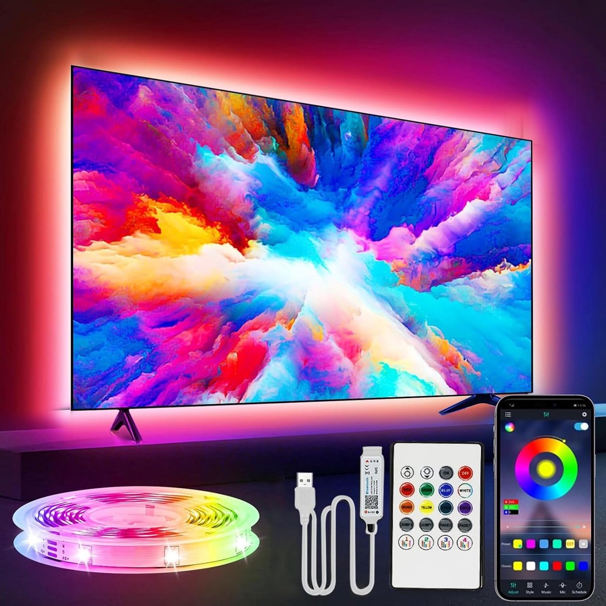 SnelShoppen - LED Strip voor TV 3m, USB TV Achtergrondverlichting Kit met Afstandsbediening, App Besturing, Muzieksynchronisatie voor 45-65 Inch TV's,