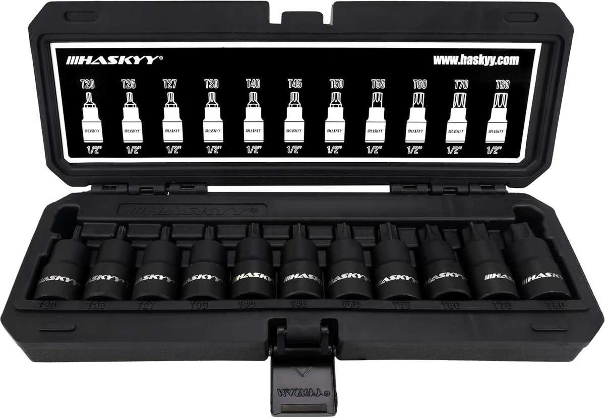 Thijox - 11-delige Torx-moerbitset Steeksleutel T20-T80, 1/2 inch Aandrijving, Professionele Dopsleutelset voor Auto, Machinebouw en Doe-Het-Zelf Proj