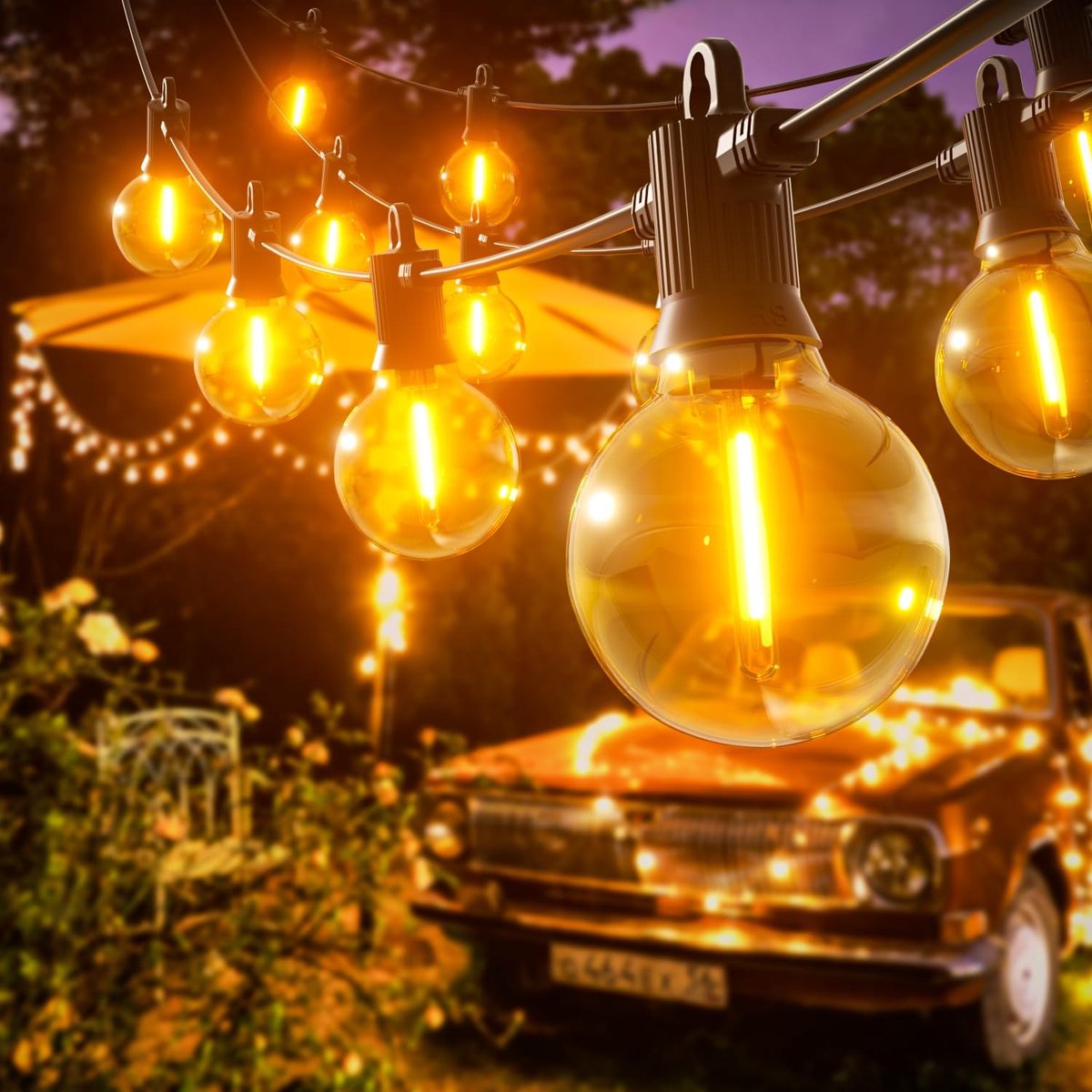 Thijox - LED-lichtketting voor buiten 15m IP65 waterdicht met 25 + 2 G40-lampen, onbreekbaar warmwit voor feest, bruiloft, balkon, terras, tuin, binne