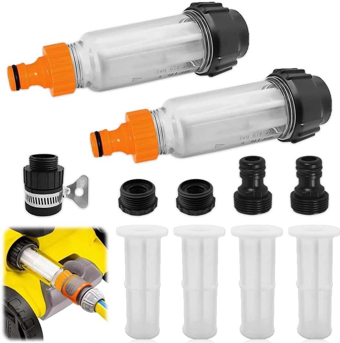 SnelShoppen - Water Filter Tuinslang Set 2 Stuks 3/4 Inch Water Voorfilter met 4 Filter Inserts en 5 Snelle Adapters voor Hogedrukreiniger, Tuinirriga