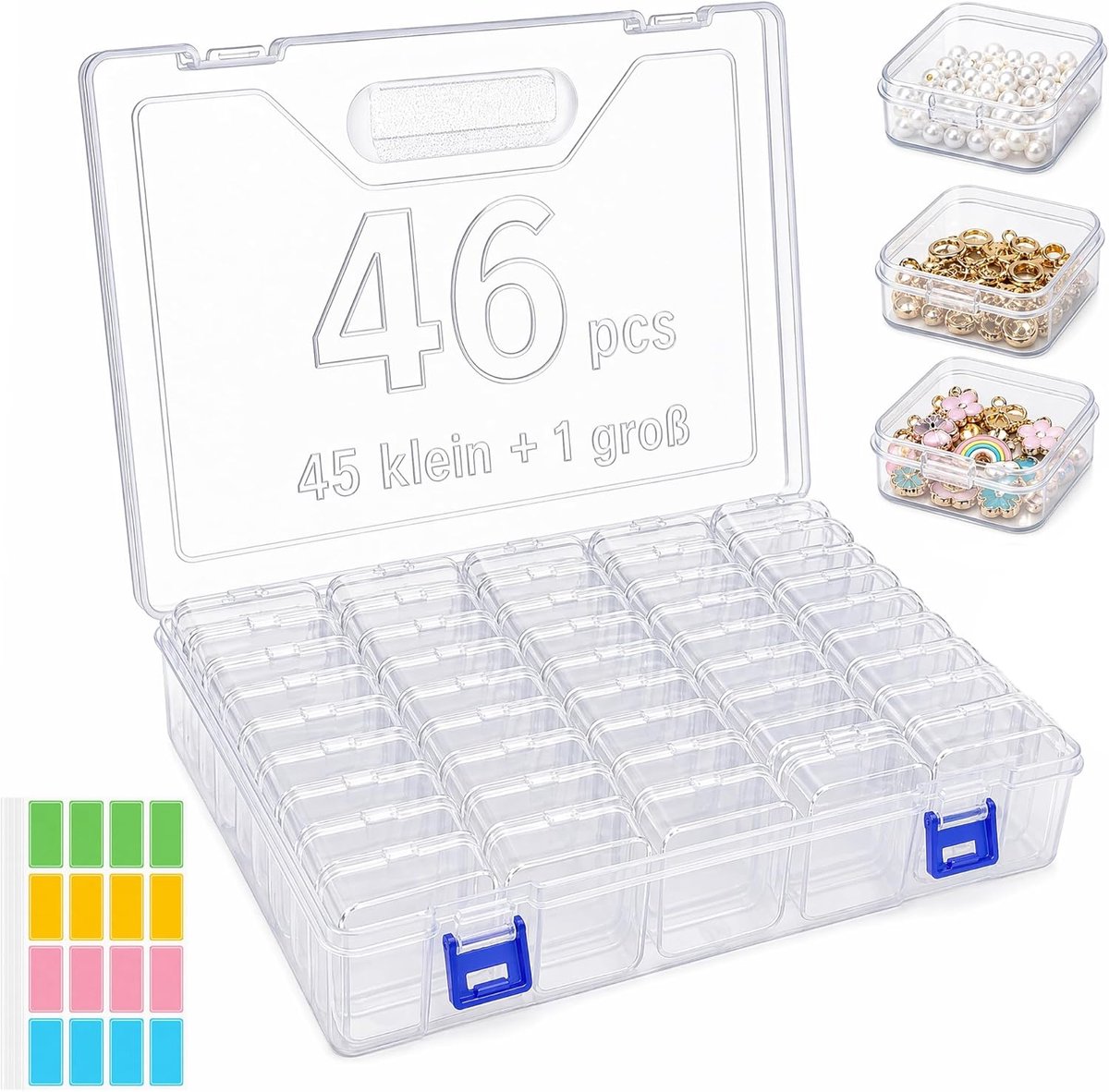 SnelShoppen - 46 Stuks Sorteerdozen voor Kleine Onderdelen - Opbergdoos voor Kralen, Schroeven en Knutselmateriaal - 5,5 x 5,5 x 2 cm met Etiketten
