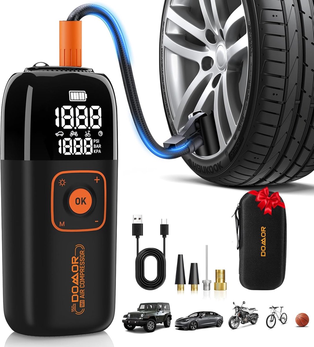 Thijox - Draadloze Bandenpomp, Autobandenpomp Luchtcompressor, Draagbare USB Oplaadbare Elektrische Fietspomp 150 PSI, Bandenpomp met Manometer voor A