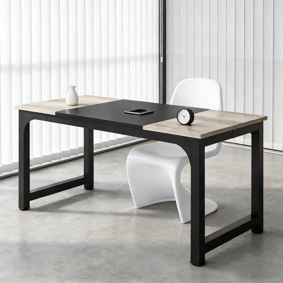 DESMIU Vergadertafel - Rechthoekig Bureau Voor Zes Personen - Voor Kantoor En Thuiswerkplek - Metaal En Houtlook - 180x80x75 Cm - Zwart Grijs