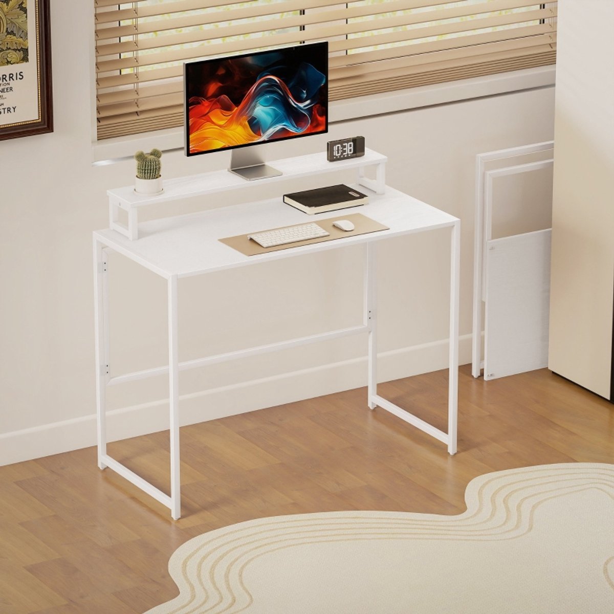 DESMIU Bureau - Opvouwbaar Met Afneembare Monitorhouder - Ruimtebesparend Voor Werkkamer En Studie - Hout En Staal - Wit - 100x48x87,5 Cm
