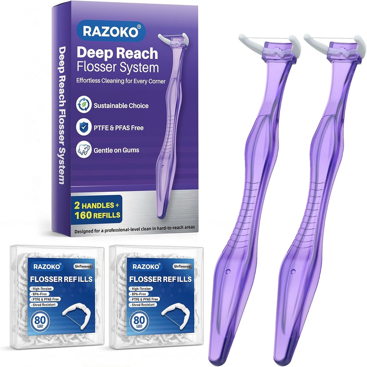SnelShoppen - Dental Flosser Systeem met 160 Navulkoppen, 2 Herbruikbare Handgrepen, PFAS-vrij, Versnipperingsbestendig, Ergonomisch Ontwerp, Paars -