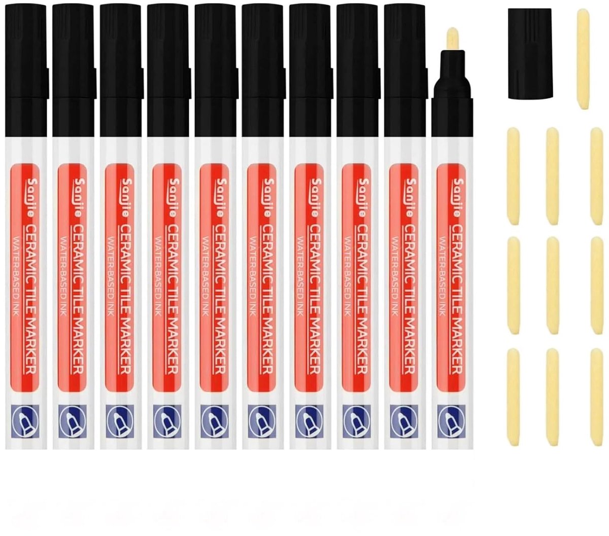 SnelShoppen - 10Pcs Grout Pen Zwart voor Tegelvoegen Herstel, Mortel Reparatie Marker met 10 Reservepunten, Tegelherstel Pen voor Interieur, Makkelijk