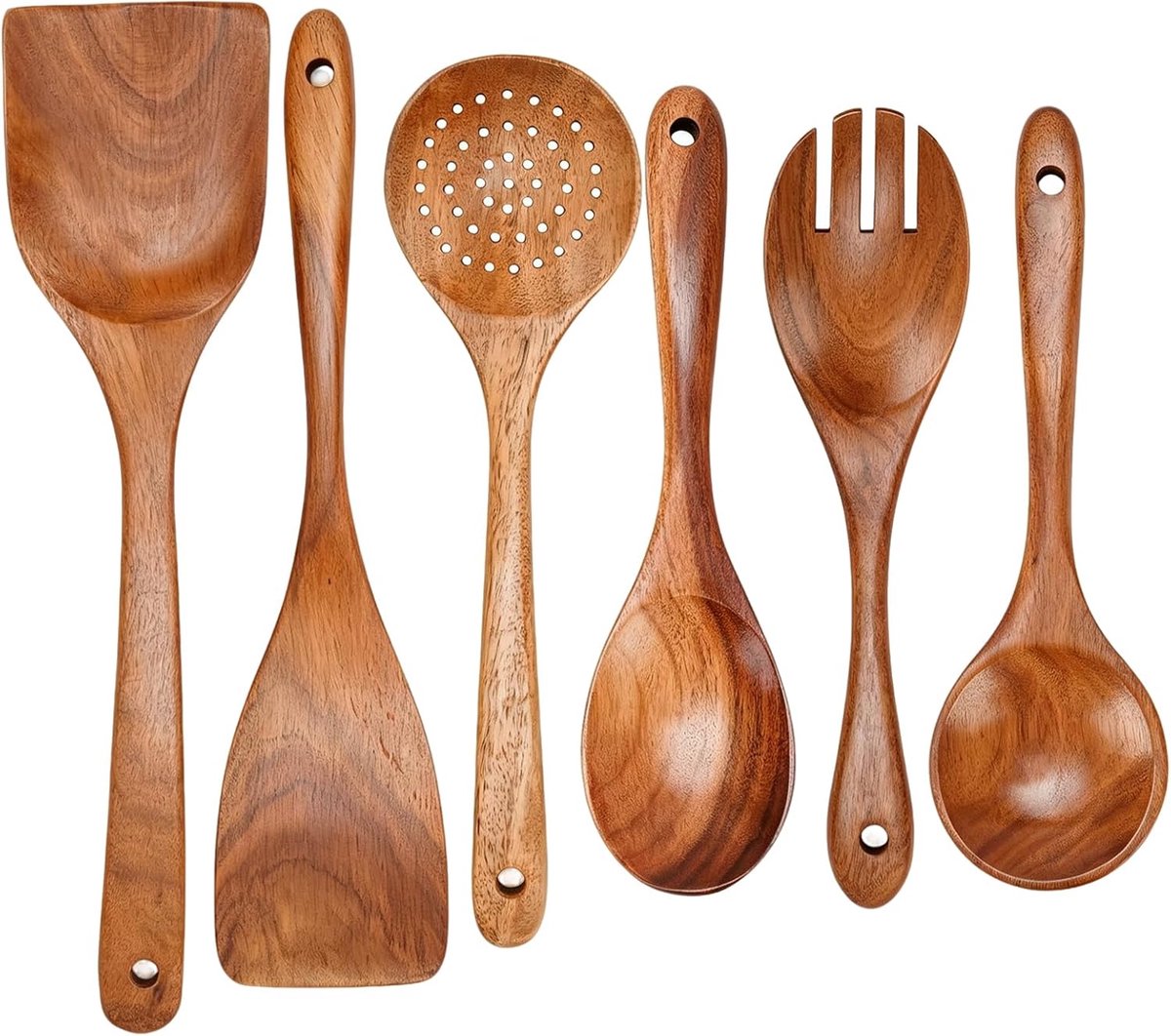 SnelShoppen - 6 Pcs Houten Lepel Set voor Koken - Hittebestendige Natuurlijke Teakhouten Lepels met Comfortabele Grip, Perfect voor Keuken, Soepen, Ro