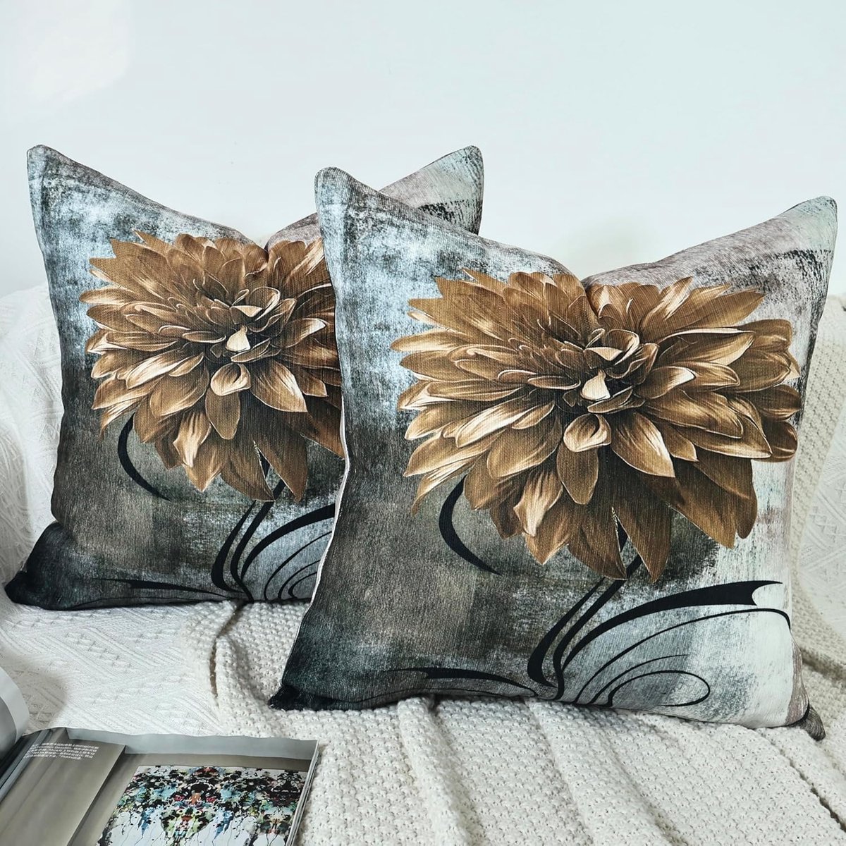 SnelShoppen - Set van 2 Chenille Kussenhoezen 50x50 Grijs Moderne Bloemen Luxe Decoratieve Kussens Zachte Vierkante Kussens voor Sofa en Bed
