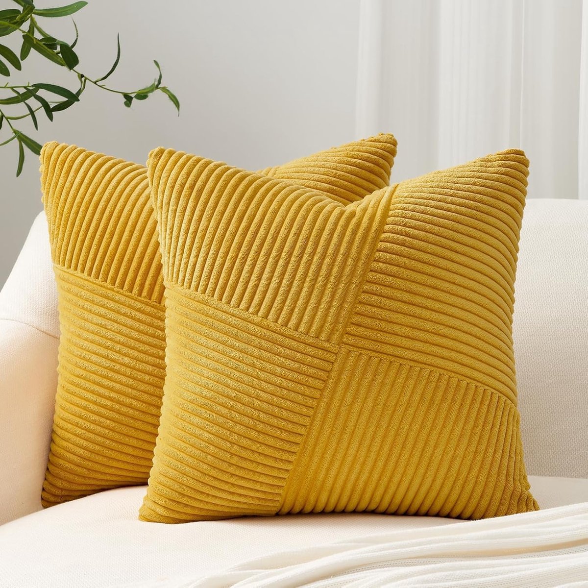 SnelShoppen - Kussenhoezen 50x50 cm Geel Cord Satin 2er Set met Windmill Strepen Patroon - Decoratieve Kussens voor Bank en Slaapkamer, Perfect voor W