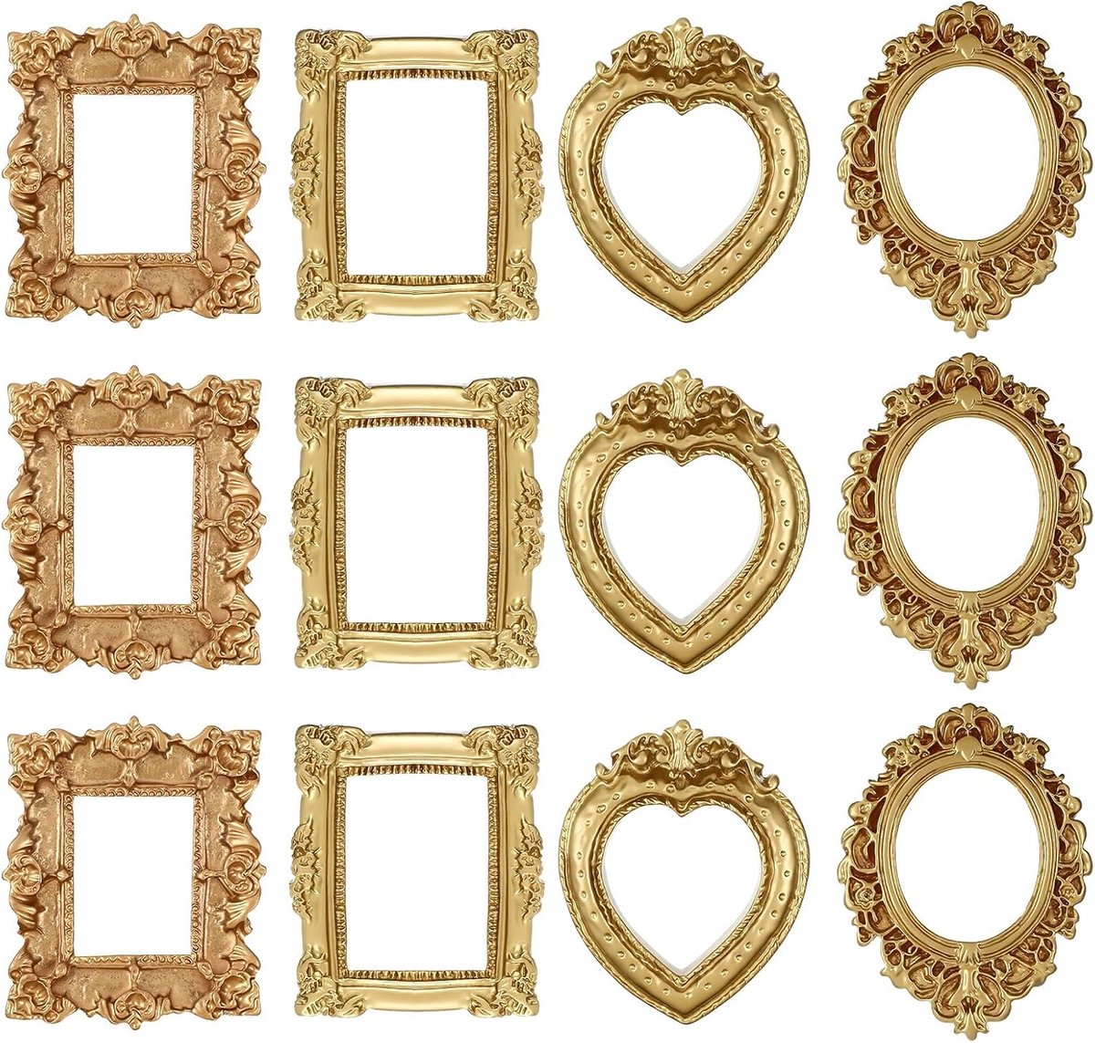 SnelShoppen - 12 Stuks Mini Fotolijsten Goud Vintage, Kleine Houten Foto Frames voor Wanddecoratie en Tafel Display, Ovalen en Rechthoekige Miniaturen